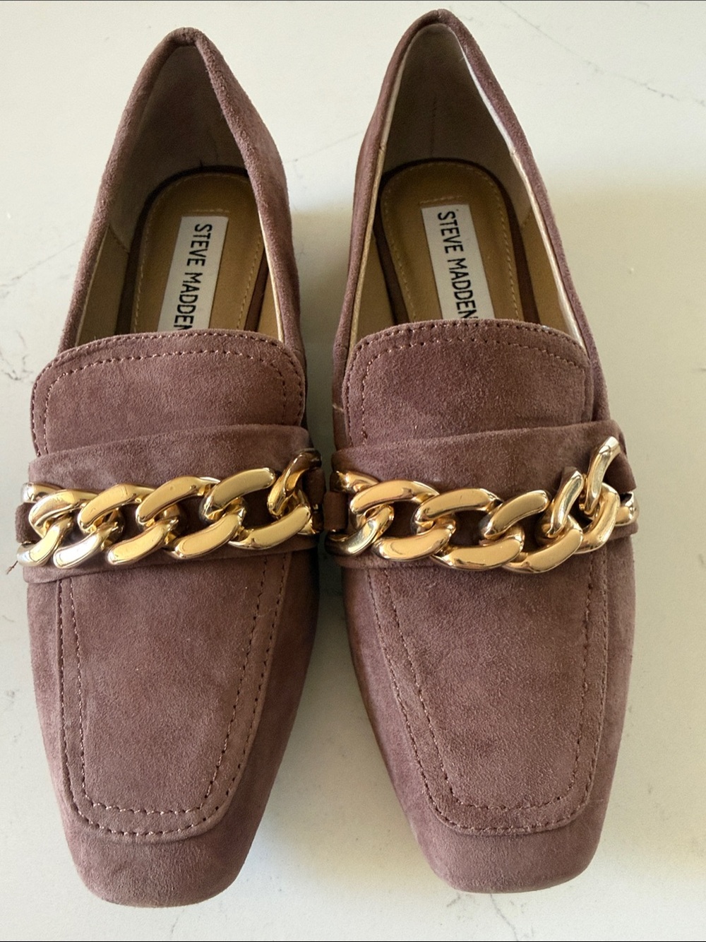Steve Madden Mauve Suede Loafers with Gold Chain